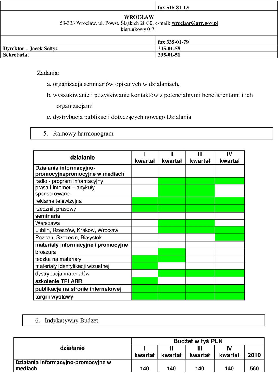 Ramowy harmonogram działanie Działania informacyjnopromocyjnepromocyjne w mediach radio - program informacyjny prasa i internet artykuły sponsorowane reklama telewizyjna rzecznik prasowy seminaria