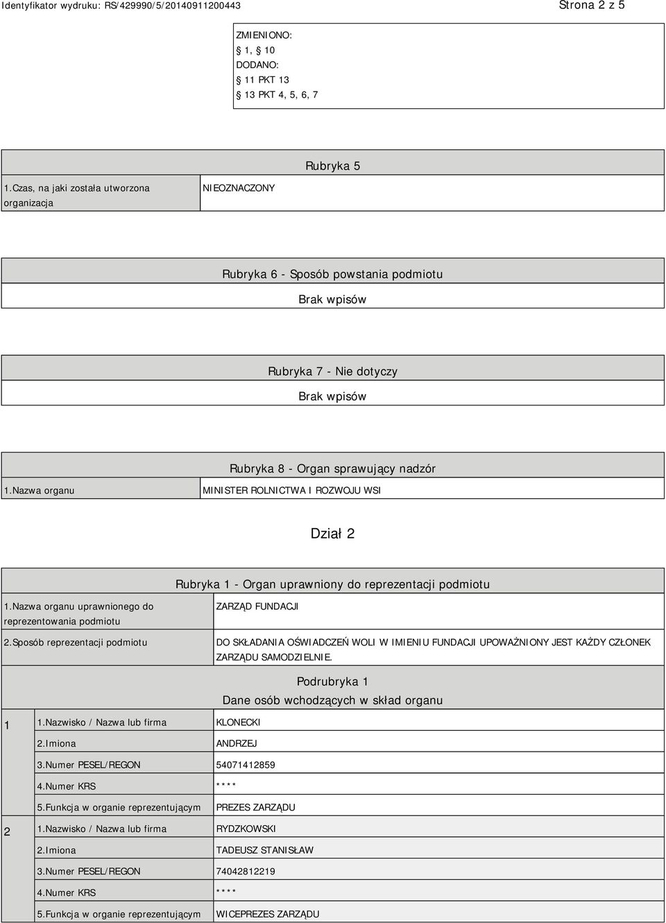Nazwa organu MINISTER ROLNICTWA I ROZWOJU WSI Dział 2 Rubryka 1 - Organ uprawniony do reprezentacji podmiotu 1.Nazwa organu uprawnionego do reprezentowania podmiotu 2.