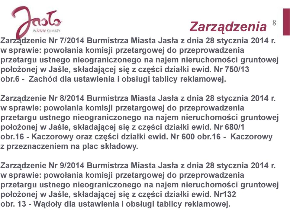Nr 750/13 obr.6 - Zachód dla ustawienia i obsługi tablicy reklamowej. Zarządzenie Nr 8/2014 Burmistrza Miasta Jasła z dnia 28 stycznia 2014 r.  Nr 680/1 obr.16 - Kaczorowy oraz części działki ewid.