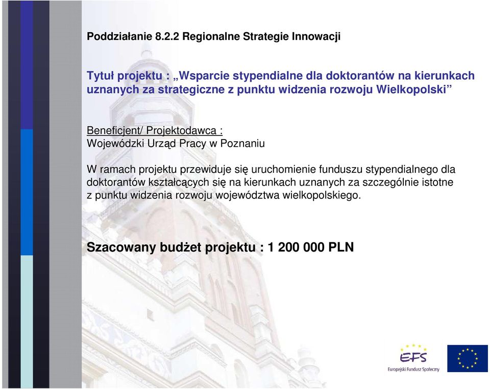 strategiczne z punktu widzenia rozwoju Wielkopolski Beneficjent/ Projektodawca : Wojewódzki Urząd Pracy w Poznaniu W