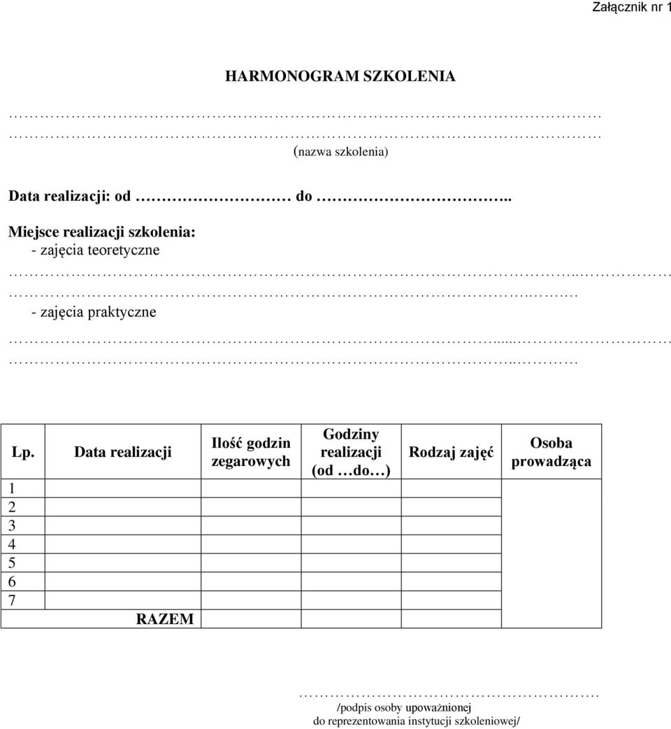 1 2 3 4 5 6 7 Data realizacji RAZEM Ilość godzin zegarowych Godziny realizacji (od do )