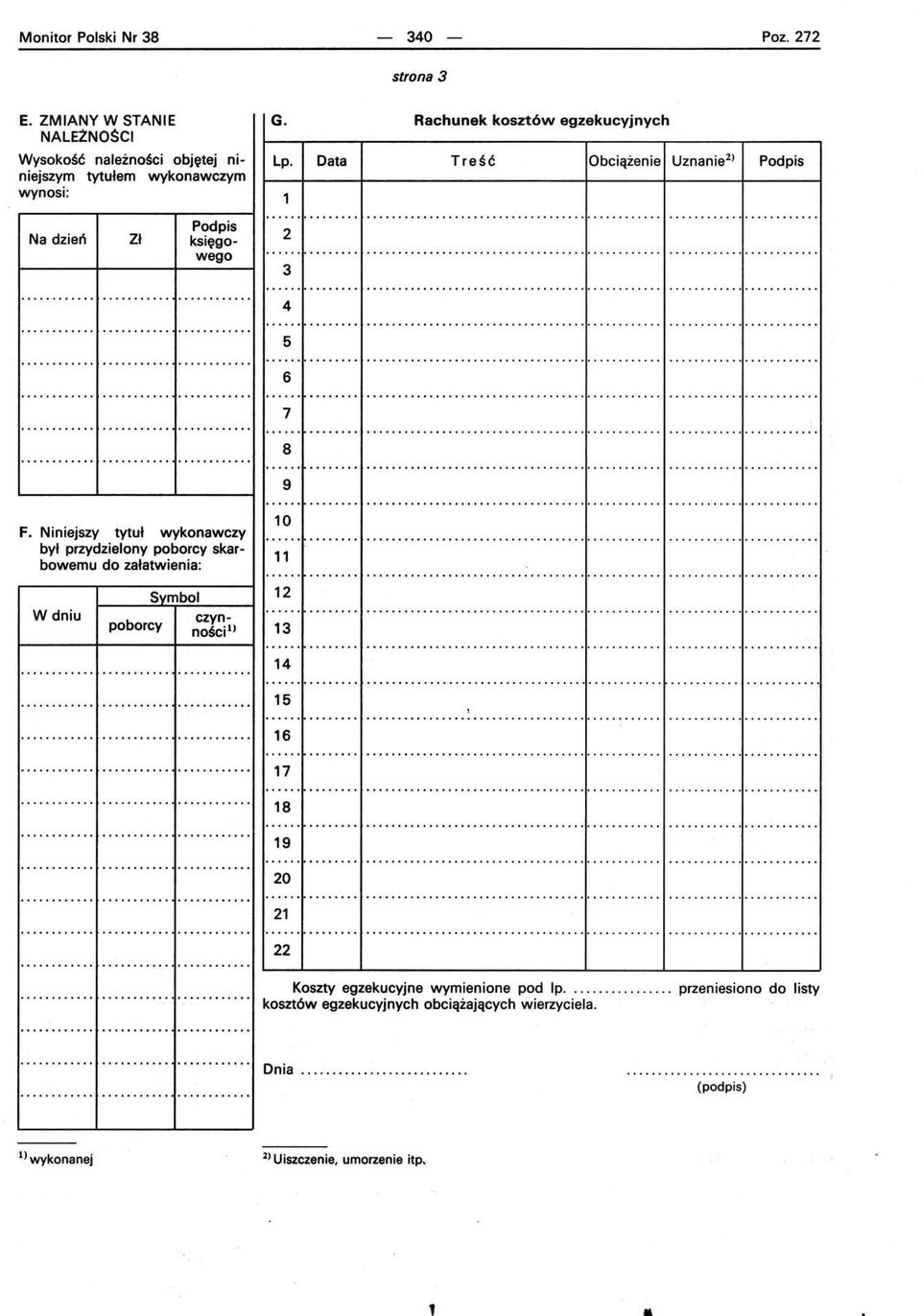 Rachunek kosztów egzekucyjnych Lp. Data Treść Obciążenie Uznanie 2 ) Podpis 1 2 3 4 5 6 7 8 9 F.