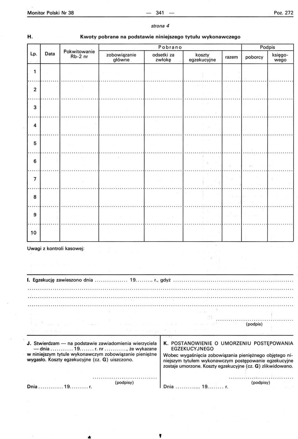 Egzekucję zawieszono dnia......... 19...... r., gdyż........................................ 0.0 0.0 ' 0 0.0 0 o..'.................................................................. ~......... (podpis) J.