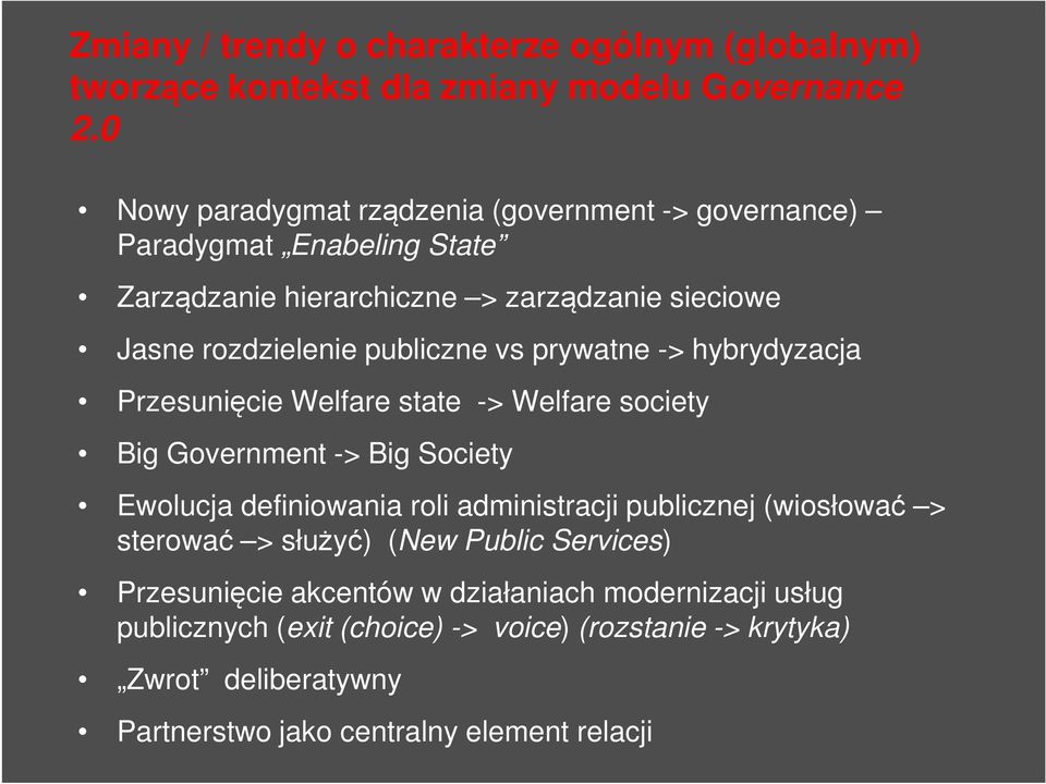 vs prywatne -> hybrydyzacja Przesunięcie Welfare state -> Welfare society Big Government -> Big Society Ewolucja definiowania roli administracji publicznej
