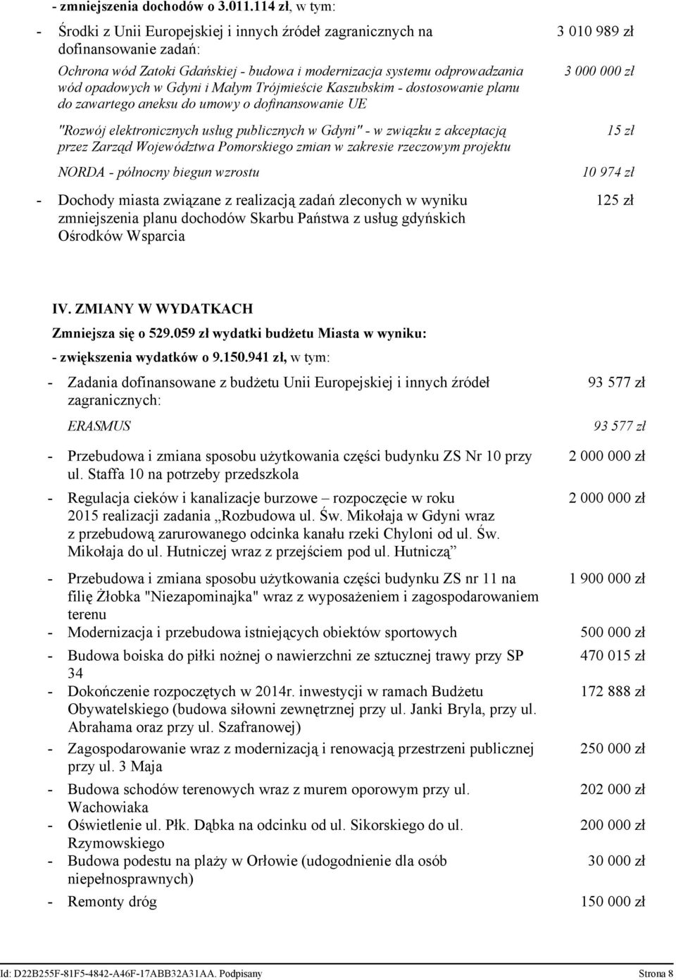Małym Trójmieście Kaszubskim - dostosowanie planu do zawartego aneksu do umowy o dofinansowanie UE "Rozwój elektronicznych usług publicznych w Gdyni" - w związku z akceptacją przez Zarząd Województwa