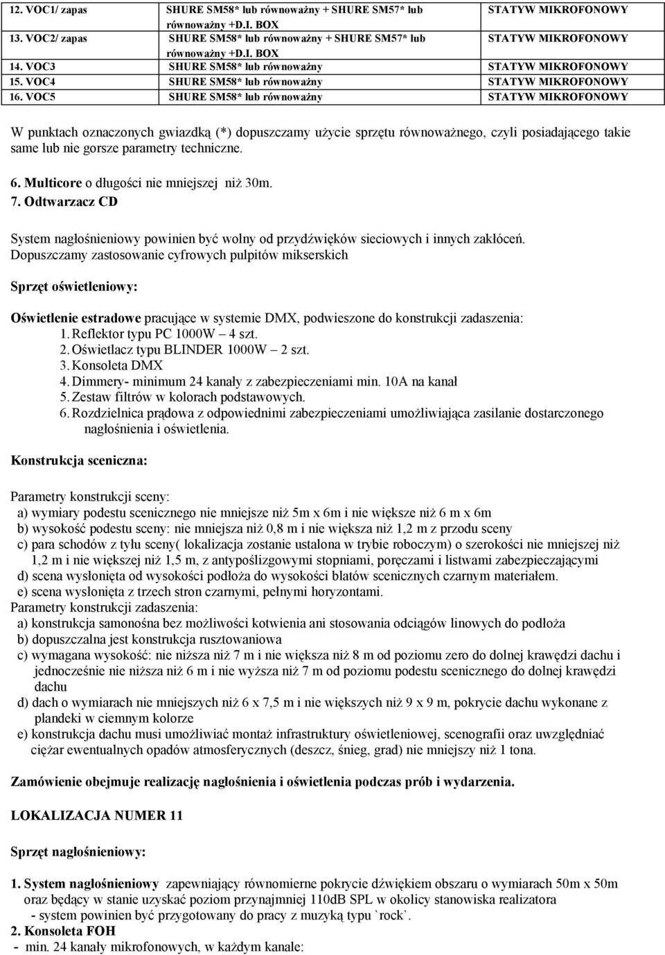VOC5 SHURE SM58* lub równoważny W punktach oznaczonych gwiazdką (*) dopuszczamy użycie sprzętu równoważnego, czyli posiadającego takie same lub nie gorsze parametry techniczne. 6.