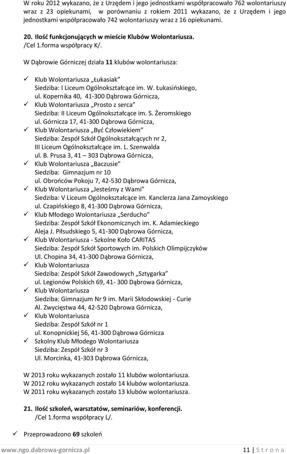W Dąbrowie Górniczej działa 11 klubów wolontariusza: Klub Wolontariusza Łukasiak Siedziba: I Liceum Ogólnokształcące im. W. Łukasińskiego, ul.