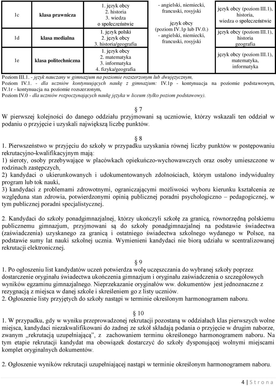 ) - angielski, niemiecki, francuski, rosyjski historia, wiedza o społeczeństwie historia geografia matematyka, informatyka Poziom III.1.