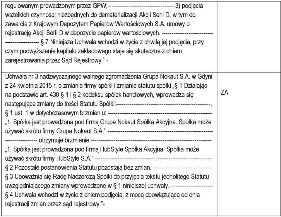 --------------------------- ------------------ 7 Niniejsza Uchwała wchodzi w życie z chwilą jej podjęcia, przy czym podwyższenie kapitału zakładowego staje się skuteczne z dniem zarejestrowania przez