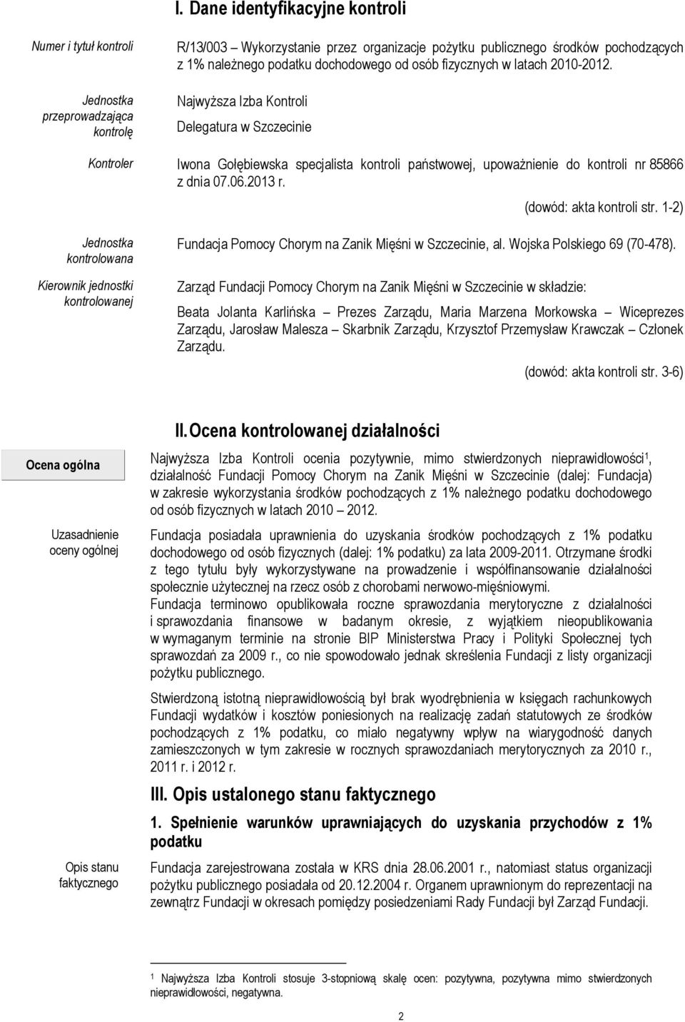NajwyŜsza Izba Kontroli Delegatura w Szczecinie Kontroler Iwona Gołębiewska specjalista kontroli państwowej, upowaŝnienie do kontroli nr 85866 z dnia 07.06.2013 r. (dowód: akta kontroli str.