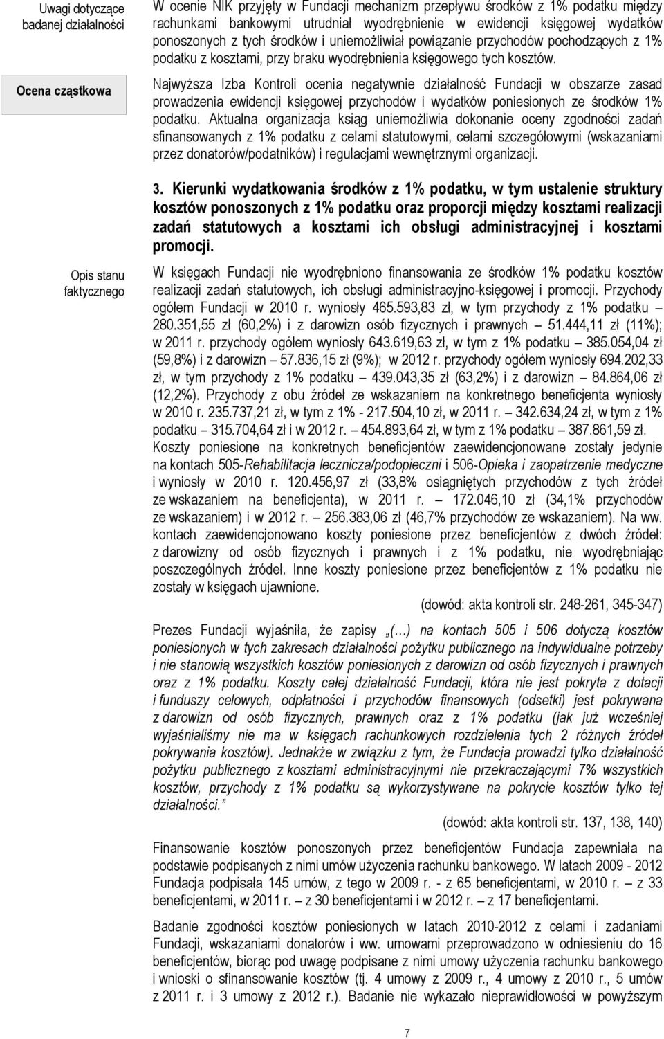 NajwyŜsza Izba Kontroli ocenia negatywnie działalność Fundacji w obszarze zasad prowadzenia ewidencji księgowej przychodów i wydatków poniesionych ze środków 1% podatku.
