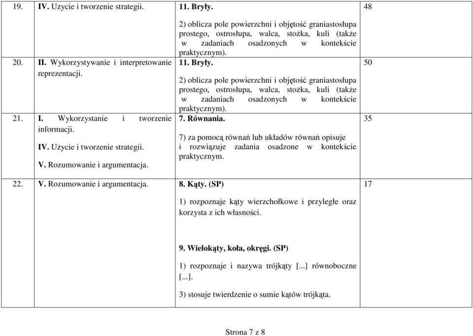 2) oblicza pole powierzchni i objętość graniastosłupa prostego, ostrosłupa, walca, stoŝka, kuli (takŝe w zadaniach osadzonych w kontekście praktycznym). 7. Równania.