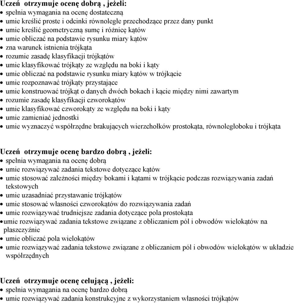 konstruować trójkąt o danych dwóch bokach i kącie między nimi zawartym rozumie zasadę klasyfikacji czworokątów umie klasyfikować czworokąty ze względu na boki i kąty umie zamieniać jednostki umie