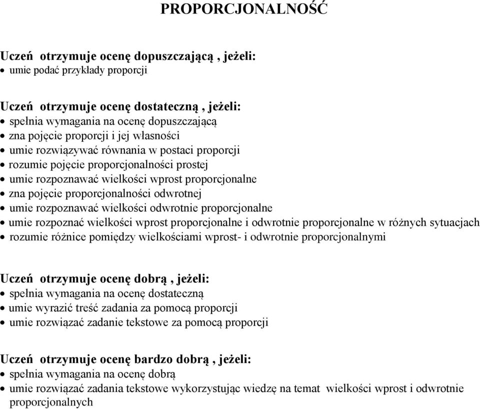 wielkości wprost proporcjonalne i odwrotnie proporcjonalne w różnych sytuacjach rozumie różnice pomiędzy wielkościami wprost- i odwrotnie proporcjonalnymi umie wyrazić