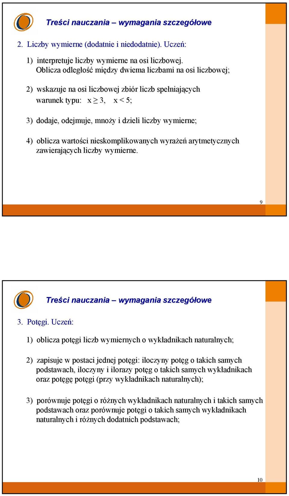 wymierne; 4) oblicza wartości nieskomplikowanych wyrażeń arytmetycznych zawierających liczby wymierne. 9 3. Potęgi.