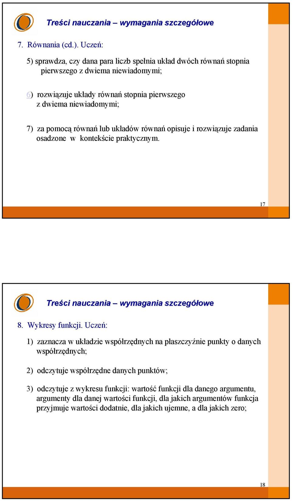 Uczeń: 1) zaznacza w układzie współrz rzędnych na płaszczyp aszczyźnie punkty o danych współrz rzędnych; 2) odczytuje współrz rzędne danych punktów; 3) odczytuje z wykresu