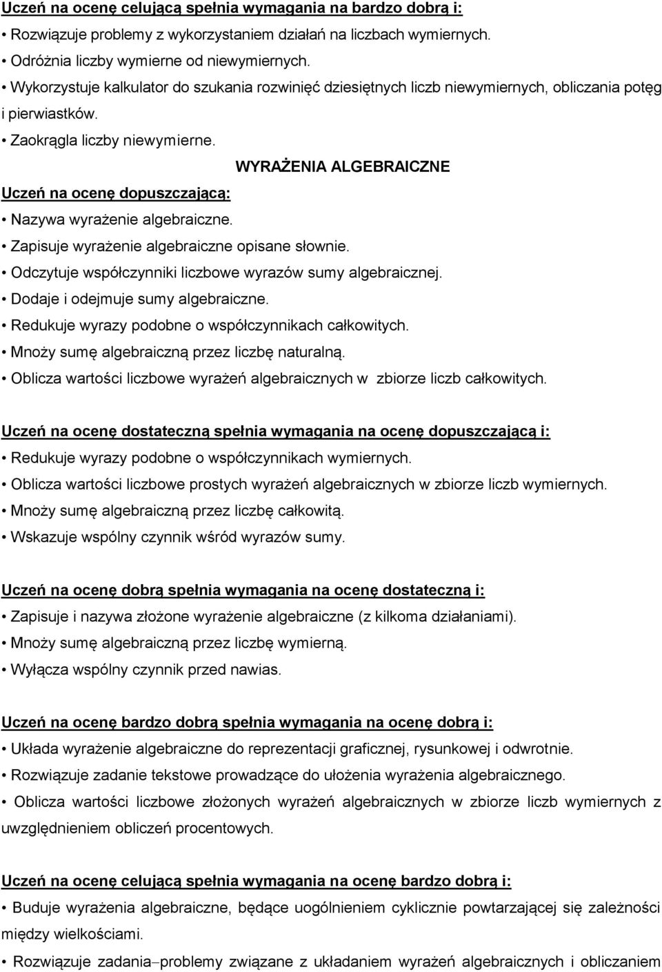 Zapisuje wyrażenie algebraiczne opisane słownie. Odczytuje współczynniki liczbowe wyrazów sumy algebraicznej. Dodaje i odejmuje sumy algebraiczne.