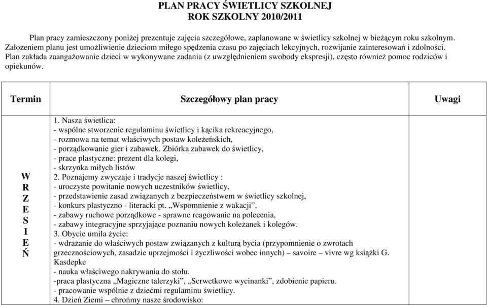 Plan zakłada zaangaŝowanie dzieci w wykonywane zadania (z uwzględnieniem swobody ekspresji), często równieŝ pomoc rodziców i opiekunów. Termin Szczegółowy plan pracy Uwagi W S 1.