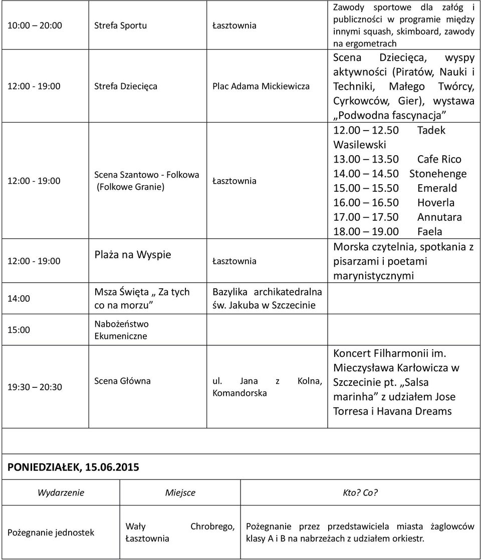 Jana z Kolna, Komandorska Zawody sportowe dla załóg i publiczności w programie między innymi squash, skimboard, zawody na ergometrach Scena Dziecięca, wyspy aktywności (Piratów, Nauki i Techniki,