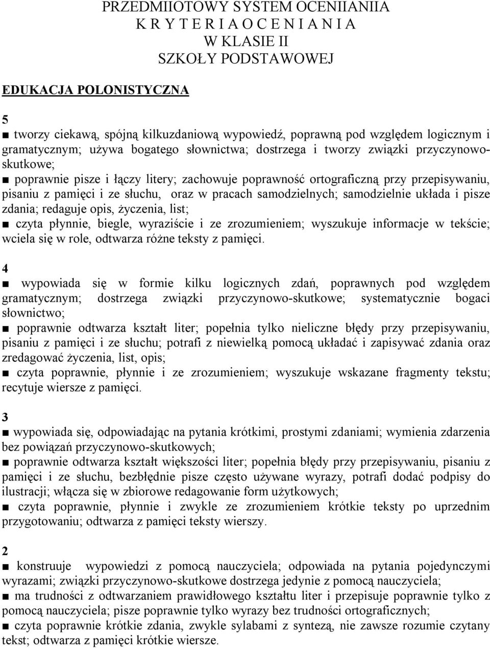 pamięci i ze słuchu, oraz w pracach samodzielnych; samodzielnie układa i pisze zdania; redaguje opis, życzenia, list; czyta płynnie, biegle, wyraziście i ze zrozumieniem; wyszukuje informacje w