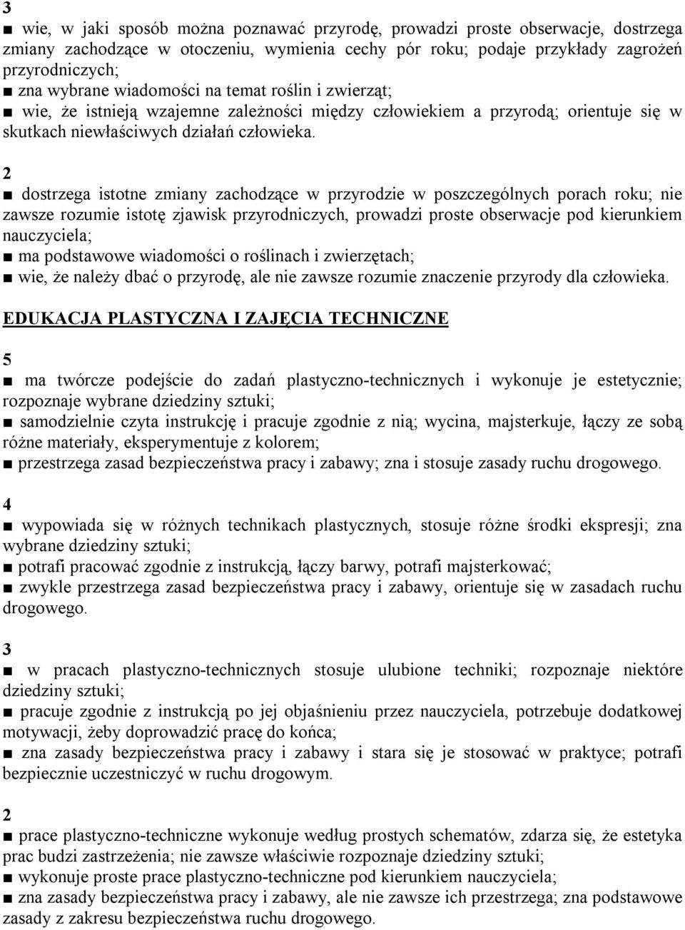 dostrzega istotne zmiany zachodzące w przyrodzie w poszczególnych porach roku; nie zawsze rozumie istotę zjawisk przyrodniczych, prowadzi proste obserwacje pod kierunkiem nauczyciela; ma podstawowe