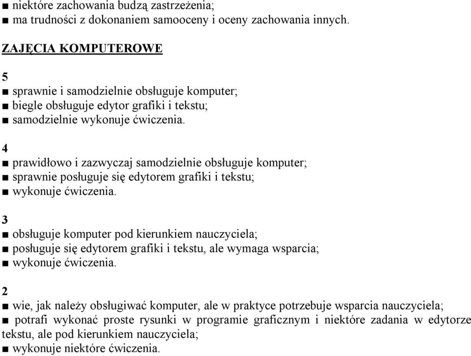 prawidłowo i zazwyczaj samodzielnie obsługuje komputer; sprawnie posługuje się edytorem grafiki i tekstu; wykonuje ćwiczenia.