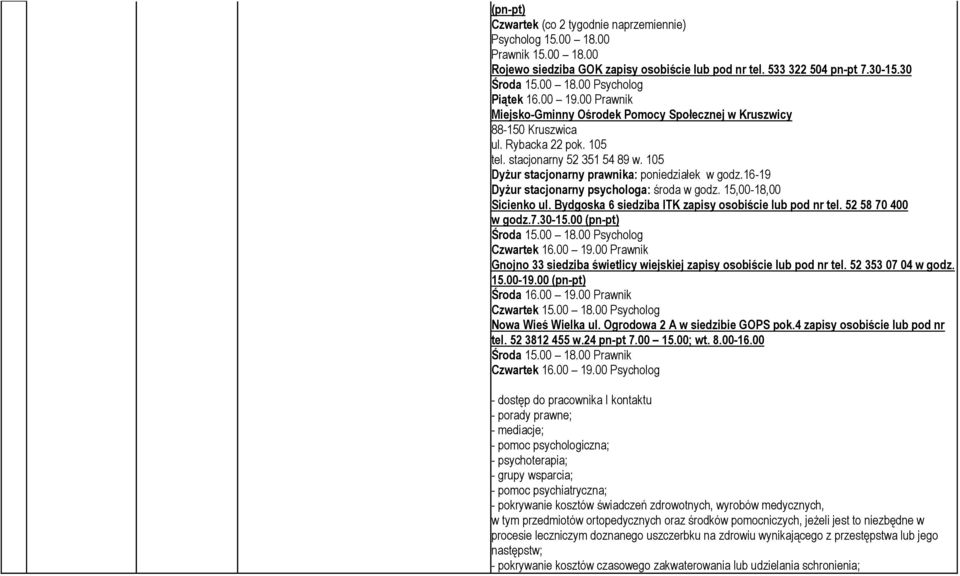 16-19 Dyżur stacjonarny psychologa: środa w godz. 15,00-18,00 Sicienko ul. Bydgoska 6 siedziba ITK zapisy osobiście lub pod nr tel. 52 58 70 400 w godz.7.30-15.00 (pn-pt) Środa 15.00 18.