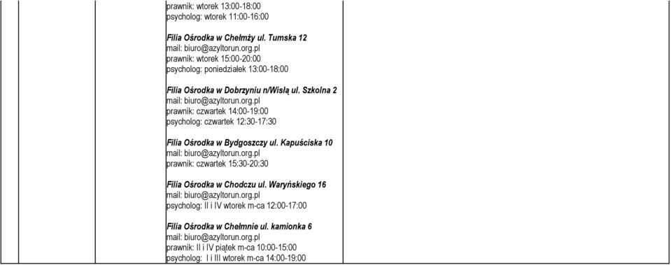 Szkolna 2 prawnik: czwartek 14:00-19:00 psycholog: czwartek 12:30-17:30 Filia Ośrodka w Bydgoszczy ul.