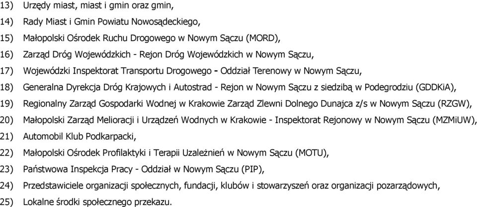 Regionalny Zarząd Gospodarki Wodnej w Krakowie Zarząd Zlewni Dolnego Dunajca z/s w Nowym Sączu (RZGW), 20) Małopolski Zarząd Melioracji i Urządzeń Wodnych w Krakowie - Inspektorat Rejonowy w Nowym