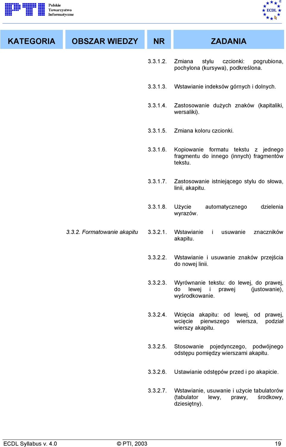 Użycie automatycznego dzielenia wyrazów. 3.3.2. Formatowanie akapitu 3.3.2.1. Wstawianie i usuwanie znaczników akapitu. 3.3.2.2. Wstawianie i usuwanie znaków przejścia do nowej linii. 3.3.2.3. Wyrównanie tekstu: do lewej, do prawej, do lewej i prawej (justowanie), wyśrodkowanie.