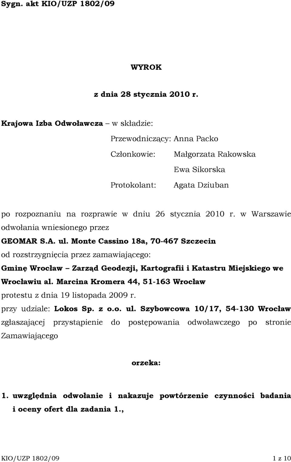 w Warszawie odwołania wniesionego przez GEOMAR S.A. ul.