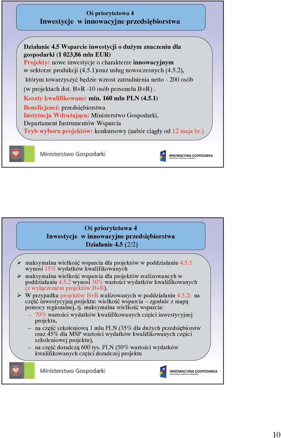 B+R -10 osób personelu B+R). Koszty kwalifikowane: min. 160 mln PLN (4.5.