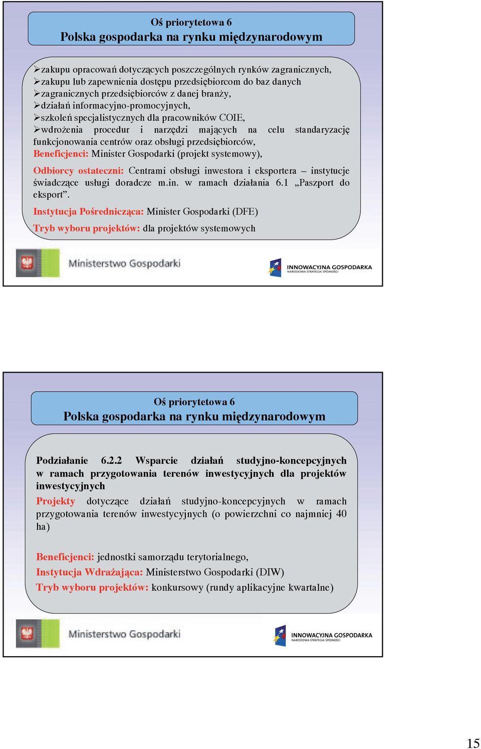 funkcjonowania centrów oraz obsługi przedsiębiorców, Beneficjenci: Minister Gospodarki (projekt systemowy), Odbiorcy ostateczni: Centrami obsługi inwestora i eksportera instytucje świadczące usługi