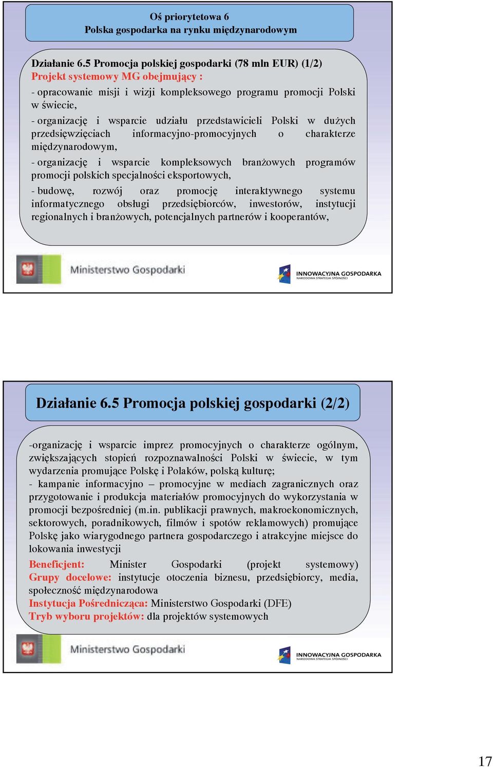 przedstawicieli Polski w dużych przedsięwzięciach informacyjno-promocyjnych o charakterze międzynarodowym, - organizację i wsparcie kompleksowych branżowych programów promocji polskich specjalności