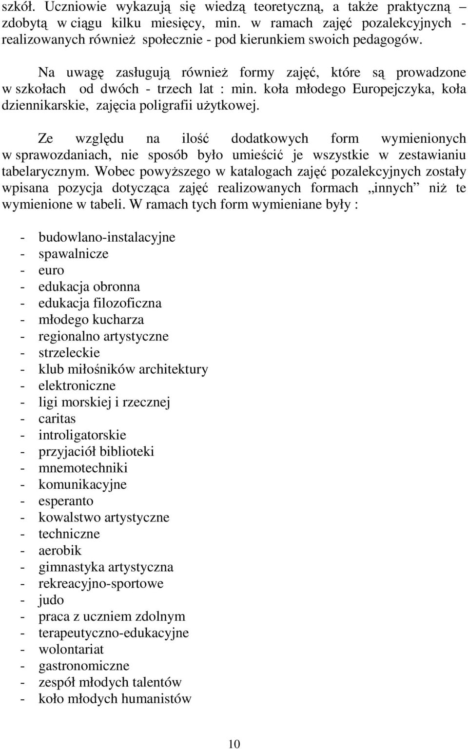 koła młodego Europejczyka, koła dziennikarskie, zajęcia poligrafii uŝytkowej.