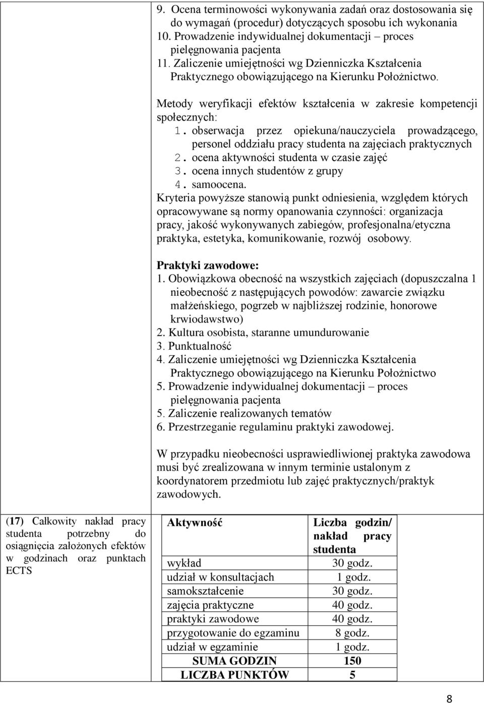 obserwacja przez opiekuna/nauczyciela prowadzącego, personel oddziału pracy studenta na zajęciach praktycznych 2. ocena aktywności studenta w czasie zajęć 3. ocena innych studentów z grupy 4.