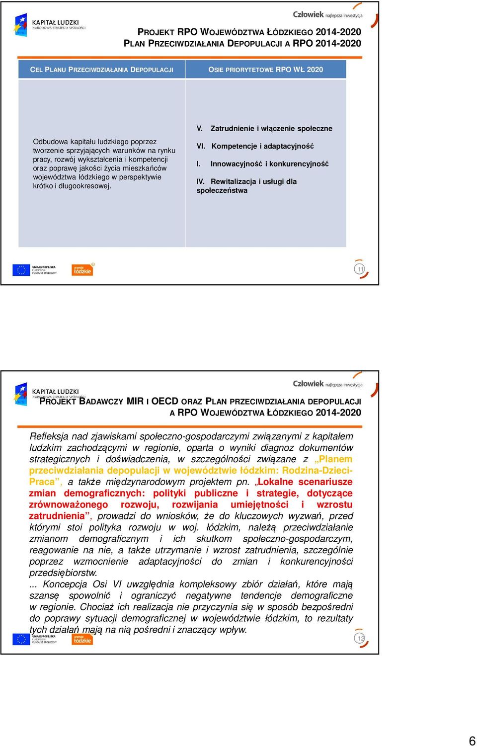 Zatrudnienie i włączenie społeczne VI. Kompetencje i adaptacyjność I. Innowacyjność i konkurencyjność IV.