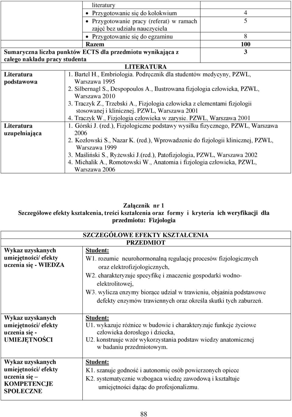 , Ilustrowana fizjologia człowieka, PZL, arszawa 010 3. Traczyk Z., Trzebski A., Fizjologia człowieka z elementami fizjologii stosowanej i klinicznej. PZL, arszawa 001 Literatura uzupełniająca 4.