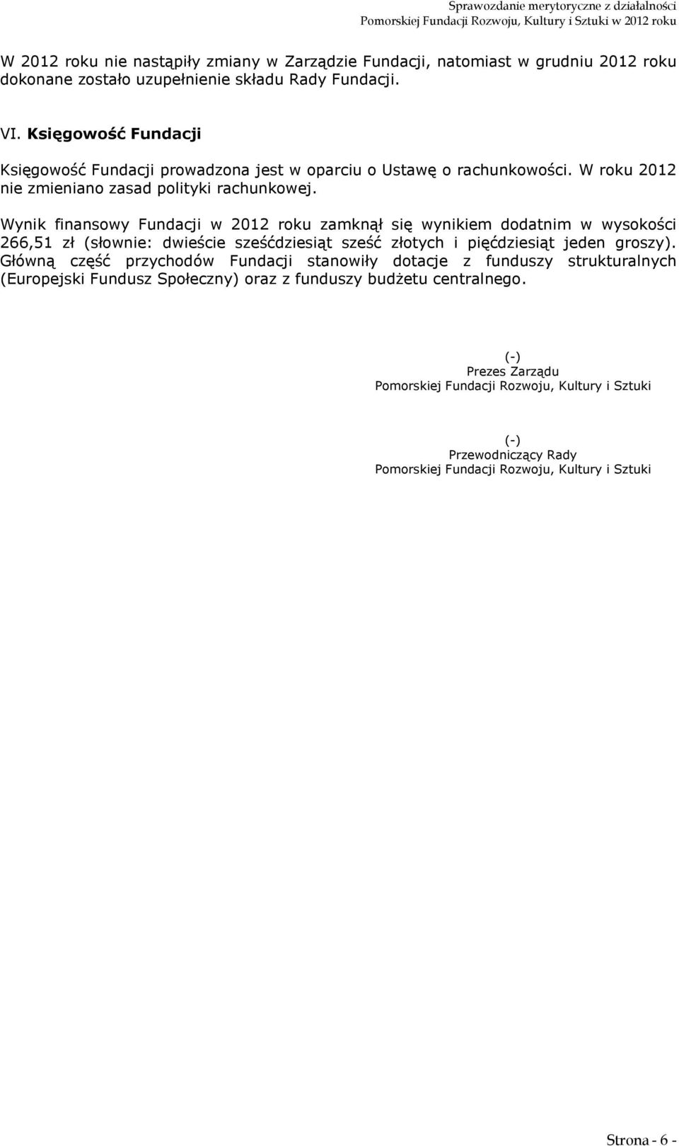 Wynik finansowy Fundacji w 2012 roku zamknął się wynikiem dodatnim w wysokości 266,51 zł (słownie: dwieście sześćdziesiąt sześć złotych i pięćdziesiąt jeden groszy).