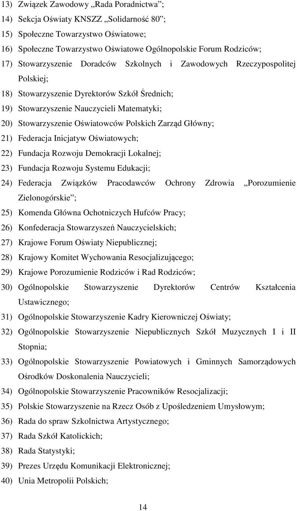 Polskich Zarząd Główny; 21) Federacja Inicjatyw Oświatowych; 22) Fundacja Rozwoju Demokracji Lokalnej; 23) Fundacja Rozwoju Systemu Edukacji; 24) Federacja Związków Pracodawców Ochrony Zdrowia