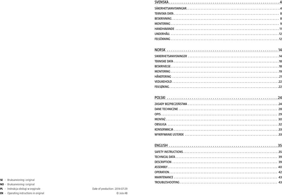 KONSERWACJA 33 wykrywanie usterek 33 SE - Bruksanvisning i original NO - Bruksanvisning i original PL - Instrukcja obsługi w oryginale EN - Operating instructions in