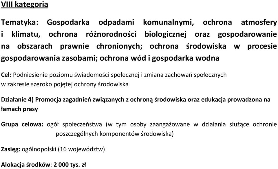 zachowań społecznych w zakresie szeroko pojętej ochrony środowiska Działanie 4) Promocja zagadnień związanych z ochroną środowiska oraz edukacja prowadzona na