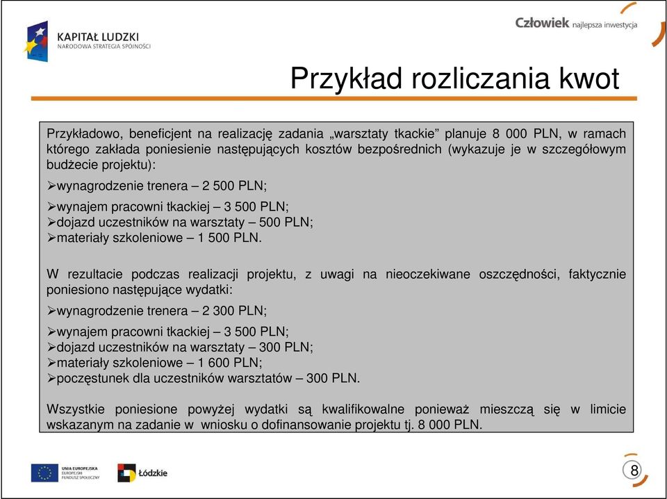 W rezultacie podczas realizacji projektu, z uwagi na nieoczekiwane oszczędności, faktycznie poniesiono następujące wydatki: wynagrodzenie trenera 2 300 PLN; wynajem pracowni tkackiej 3 500 PLN;