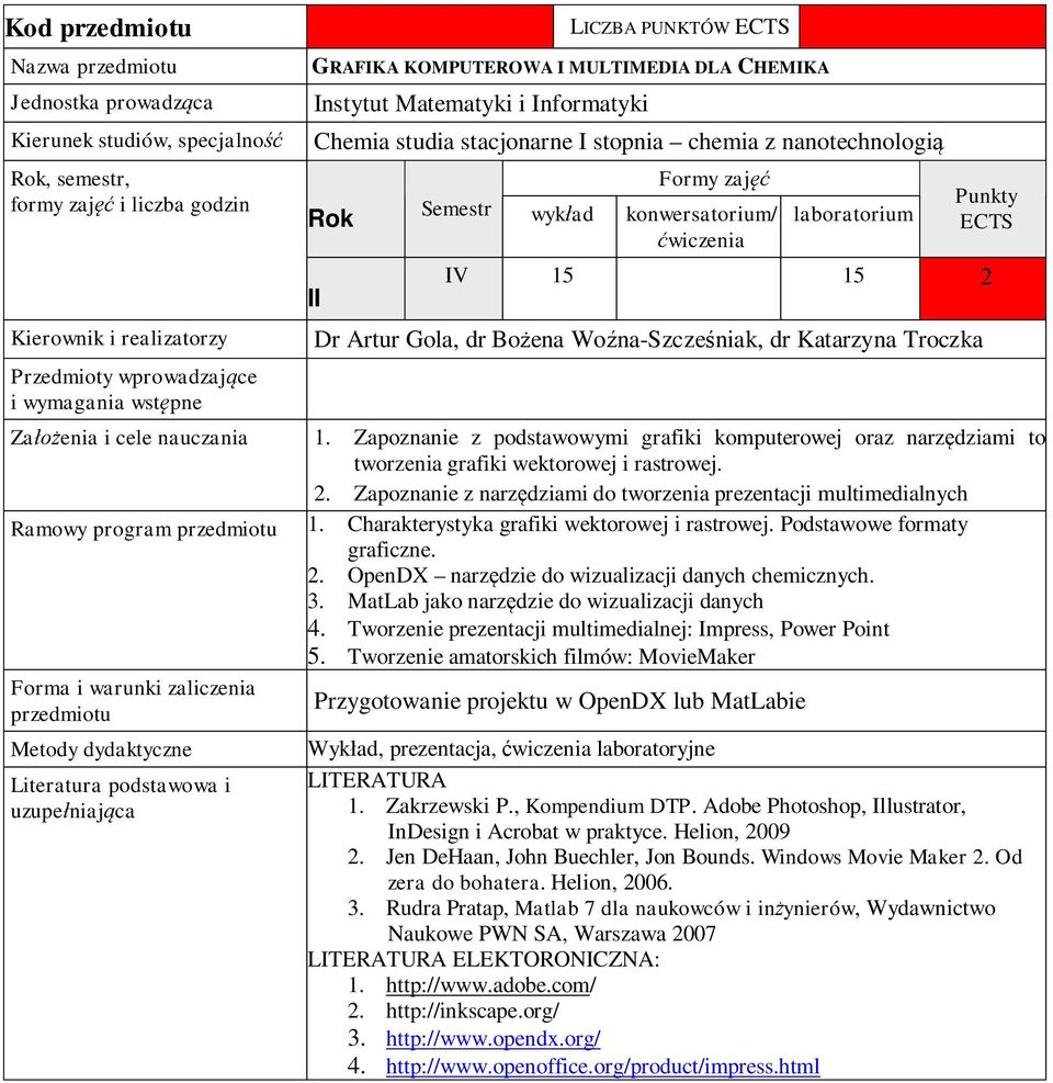 Charakterystyka grafiki wektorowej i rastrowej. Podstawowe formaty graficzne. 2. OpenDX narz dzie do wizualizacji danych chemicznych. 3. MatLab jako narz dzie do wizualizacji danych 4.
