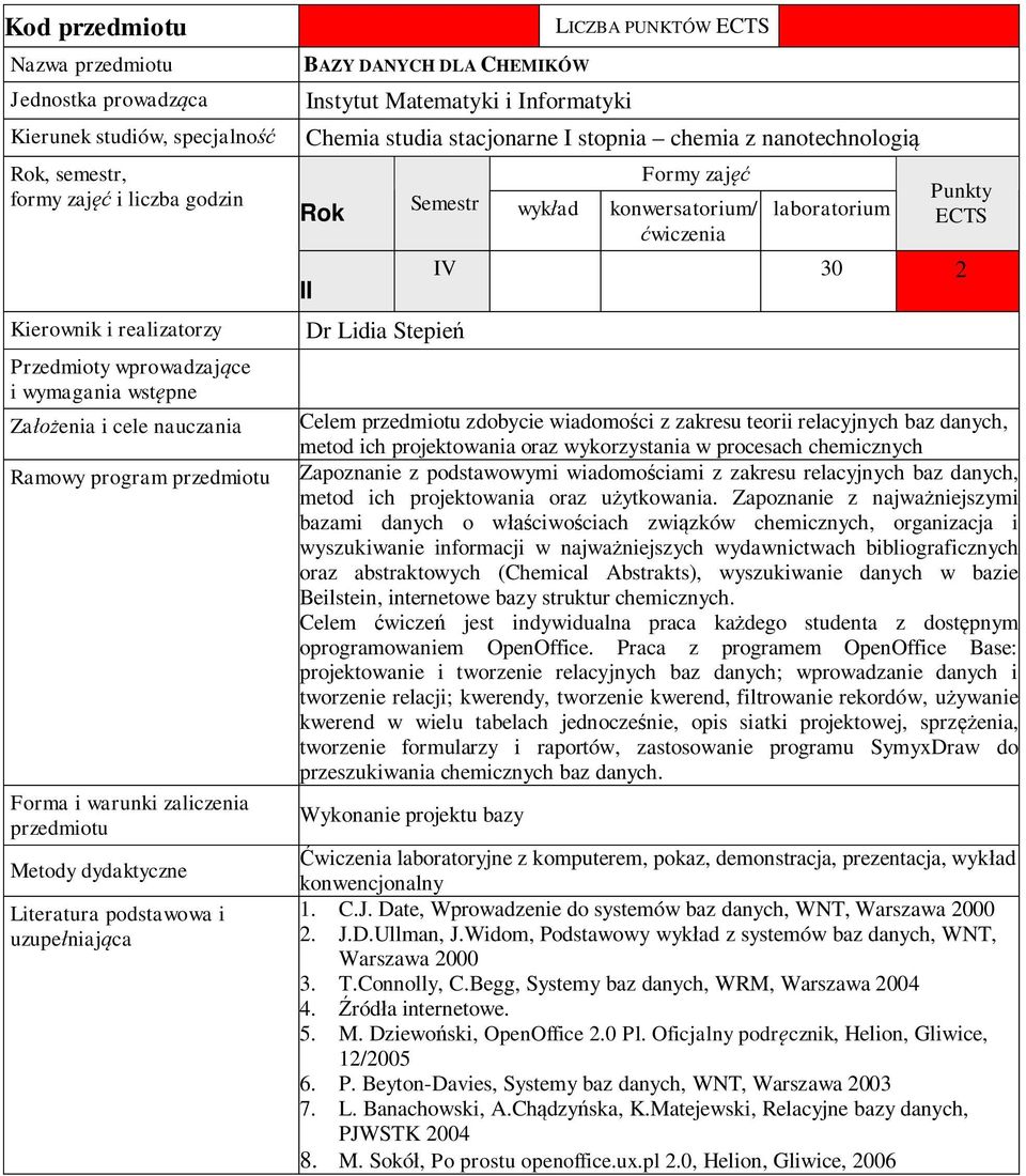 Zapoznanie z najwa niejszymi bazami danych o w ciwo ciach zwi zków chemicznych, organizacja i wyszukiwanie informacji w najwa niejszych wydawnictwach bibliograficznych oraz abstraktowych (Chemical