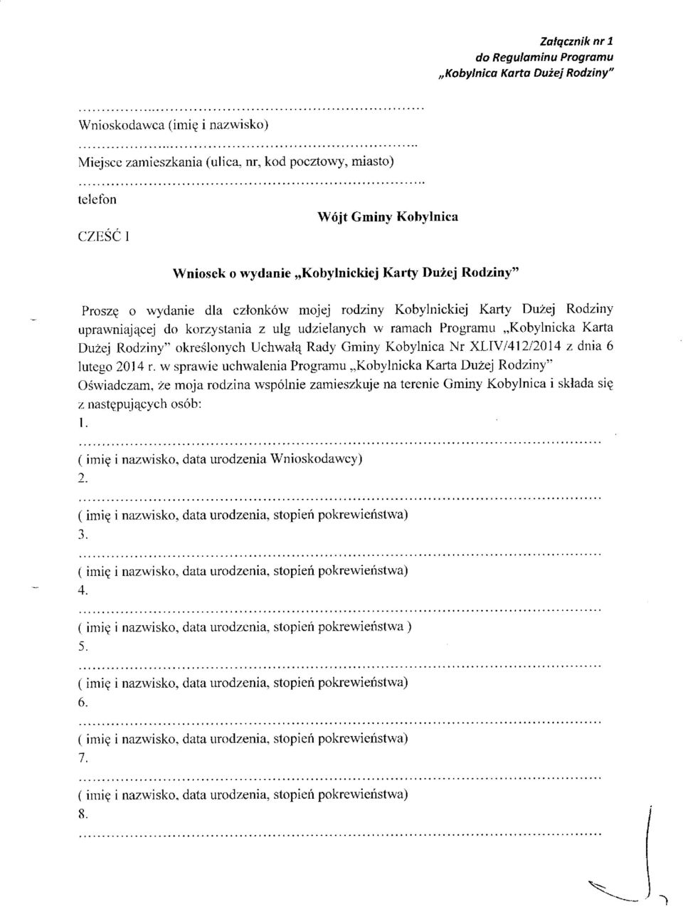 udzielanych w ramach Programu,,Kobylnicka Karta Du2ej l{odziny" okredlonych Uchwalq Rady Gminy Kobylnica Nr XLIY 141212014 z dnia 6 lutego 2014 r.