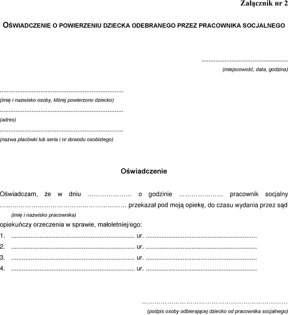 .. (nazwa placówki lub seria i nr dowodu osobistego) Oœwiadczenie Oœwiadczam, e w dniu o godzinie pracownik socjalny przekazaù pod moj¹