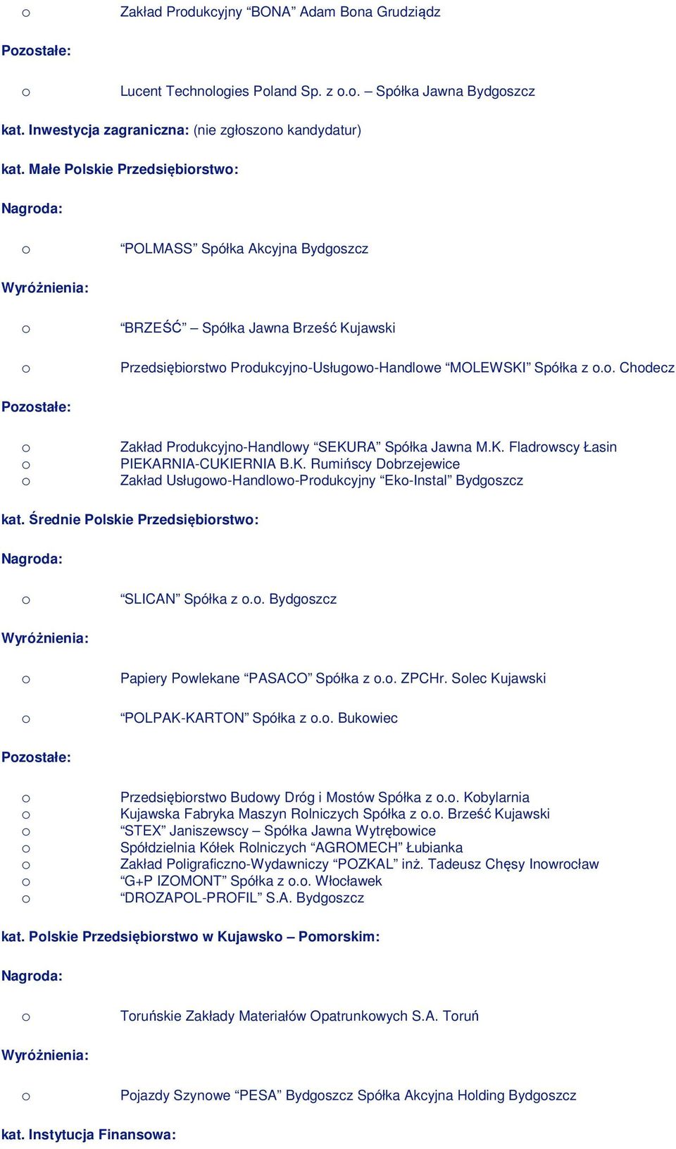 . Chdecz Pzstałe: Zakład Prdukcyjn-Handlwy SEKURA Spółka Jawna M.K. Fladrwscy Łasin PIEKARNIA-CUKIERNIA B.K. Rumińscy Dbrzejewice Zakład Usługw-Handlw-Prdukcyjny Ek-Instal Bydgszcz kat.