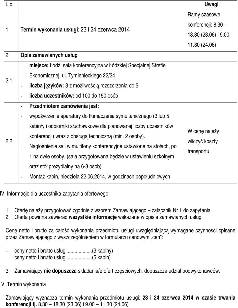 2. Opis zamawianych usług - miejsce: Łódź, sala konferencyjna w Łódzkiej Specjalnej Strefie Ekonomicznej, ul. Tymienieckiego 22/24 2.1.