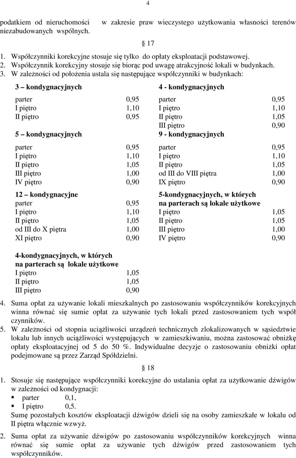 W zależności od położenia ustala się następujące współczynniki w budynkach: 17 3 kondygnacyjnych 4 - kondygnacyjnych parter 0,95 parter 0,95 I piętro 1,10 I piętro 1,10 II piętro 0,95 II piętro 1,05